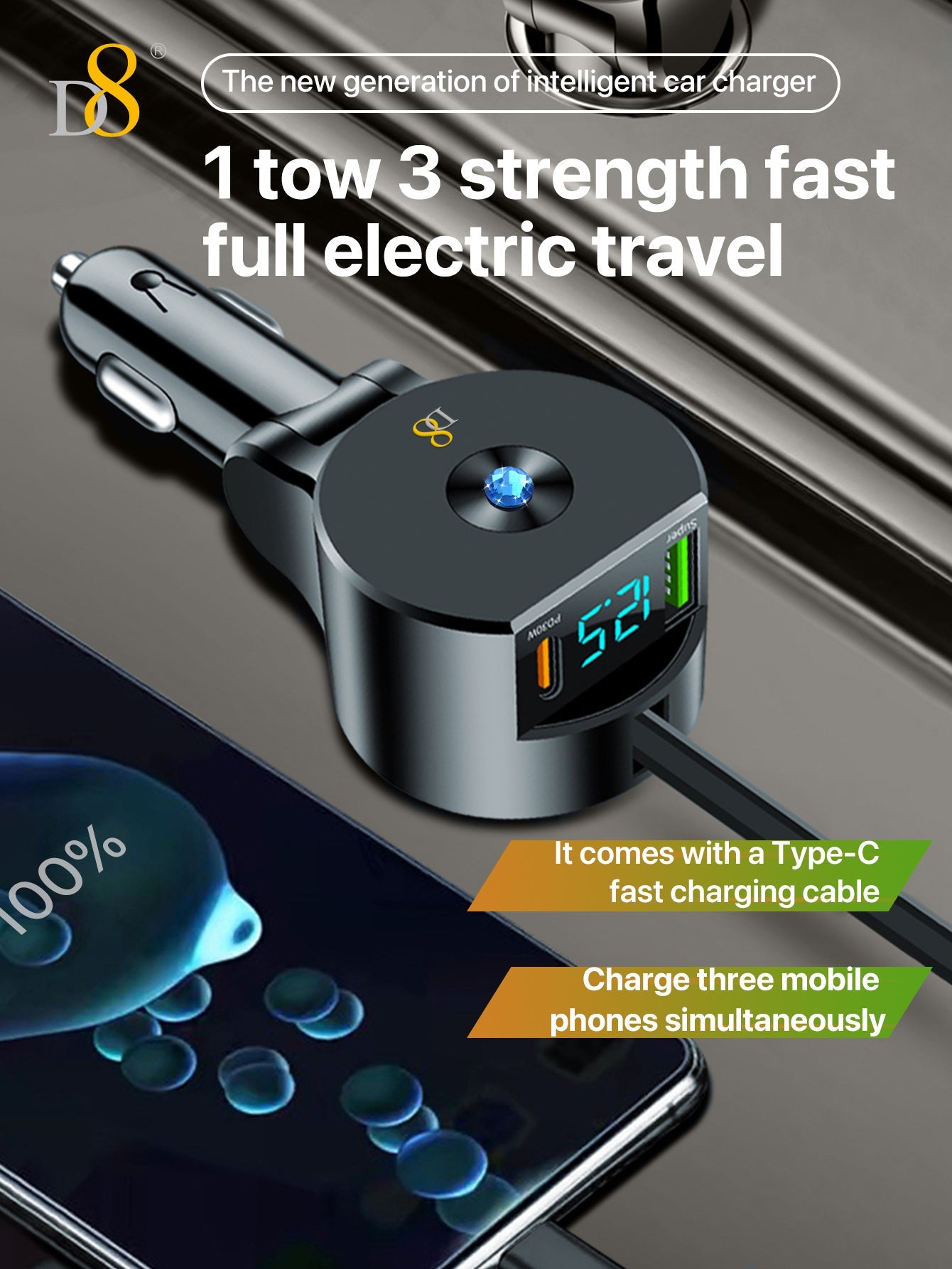 D8 New folding and retractable cable PD+QC3.0 car charging fast charging USB-C PD:30W, Gifts for Men Women Car Accessories, 3in 1 Travel Essentials Multi Charging, for iPhone 16/15/14/13 iPad MacBook S amsung S24/S23+ Multiple Chargers for All Devices