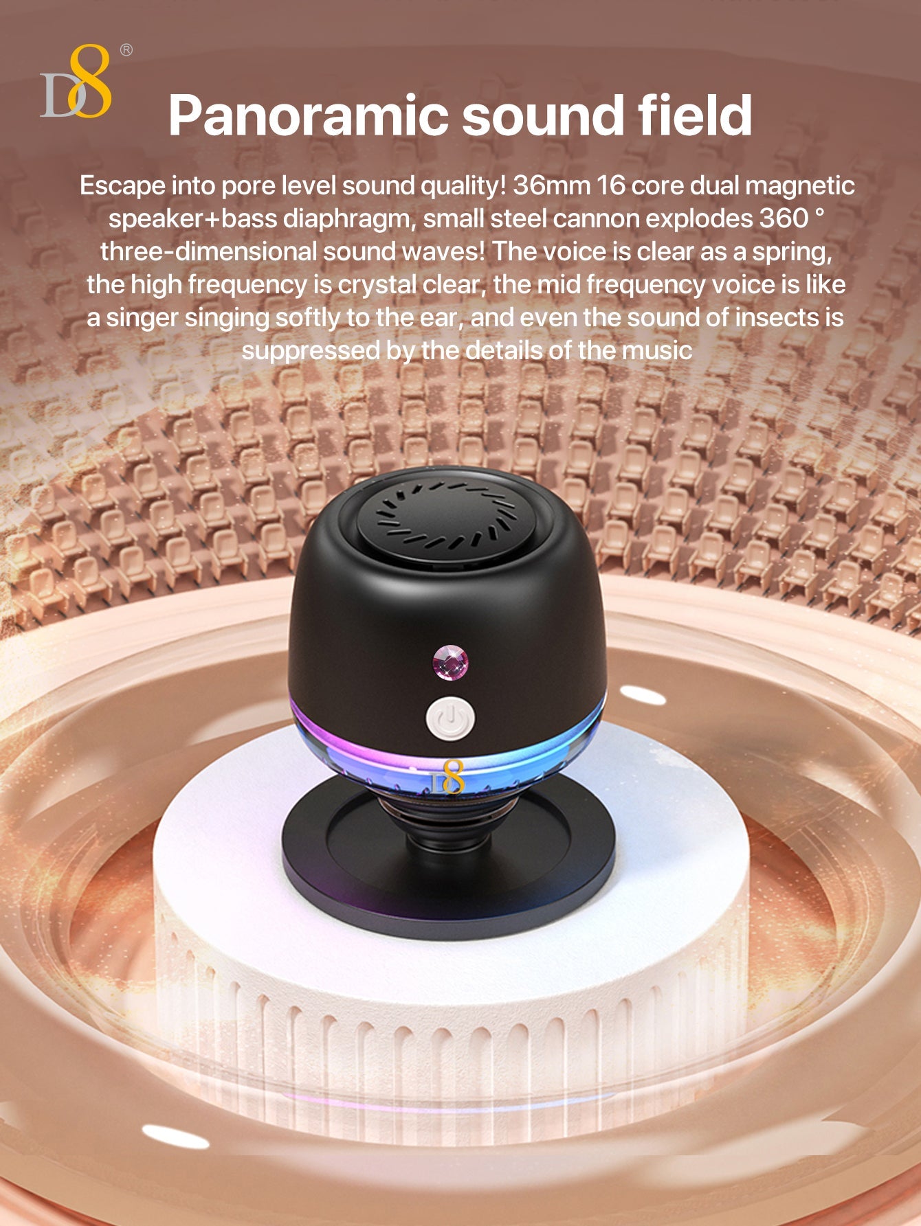 D8 Wireless Induction Magnetic Bluetooth Speaker, Portable Mini Bluetooth Loudspeaker with Bass Diaphragm, 5W Internal-Magnet, 10H Playtime, RGB Light, Including Magnetic Ring and Lanyard, Silicone folding air cabinInnovative folding airbag structure