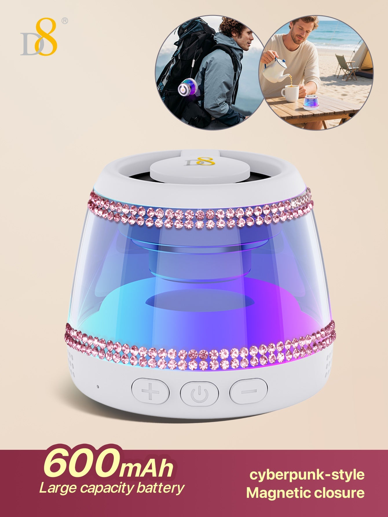 D8 Wireless Induction Magnetic Bluetooth Speaker, Portable Mini Bluetooth Loudspeaker with Bass Diaphragm, 5W Internal-Magnet, 10H Playtime, RGB Light, Including Magnetic Ring and Lanyard, Silicone folding air cabinInnovative folding airbag structure