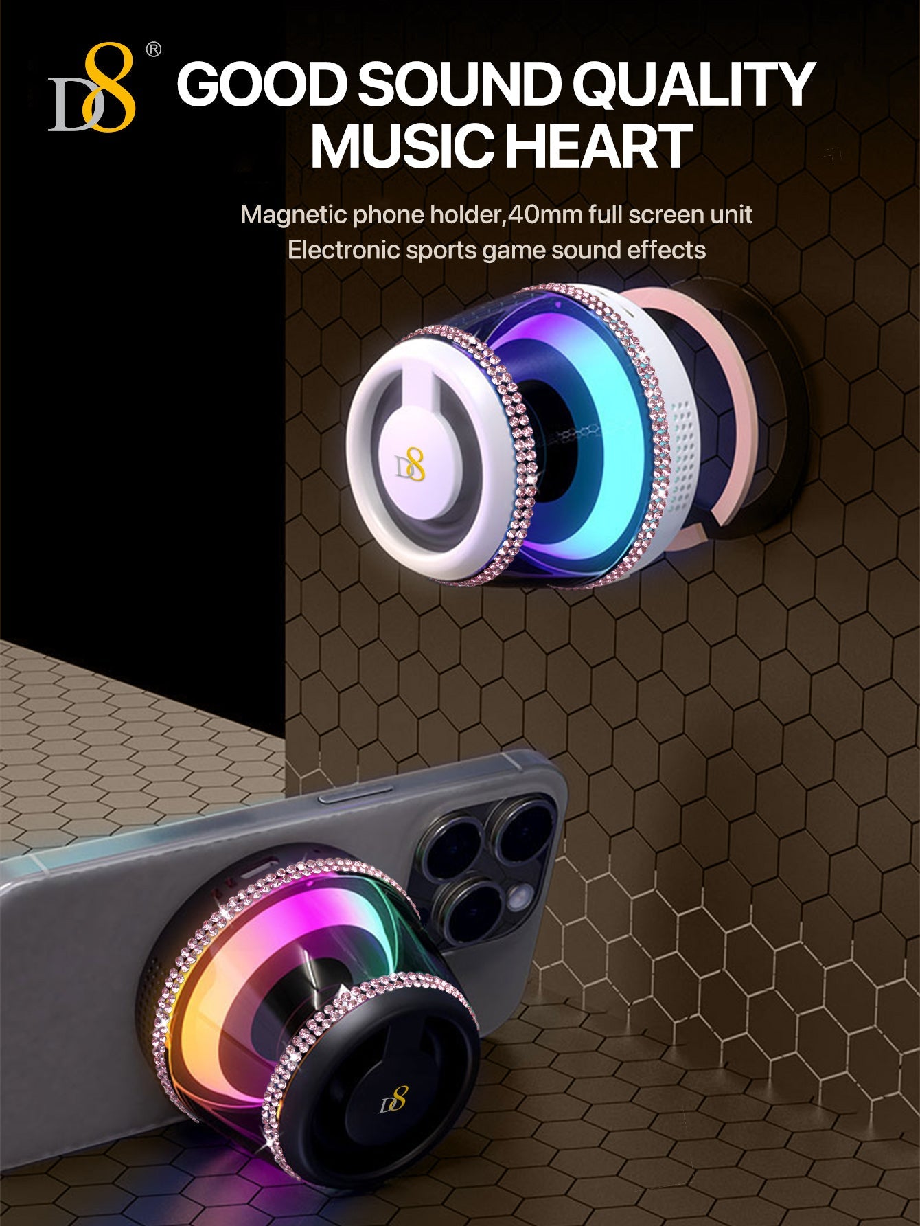 D8 Wireless Induction Magnetic Bluetooth Speaker, Portable Mini Bluetooth Loudspeaker with Bass Diaphragm, 5W Internal-Magnet, 10H Playtime, RGB Light, Including Magnetic Ring and Lanyard, Silicone folding air cabinInnovative folding airbag structure