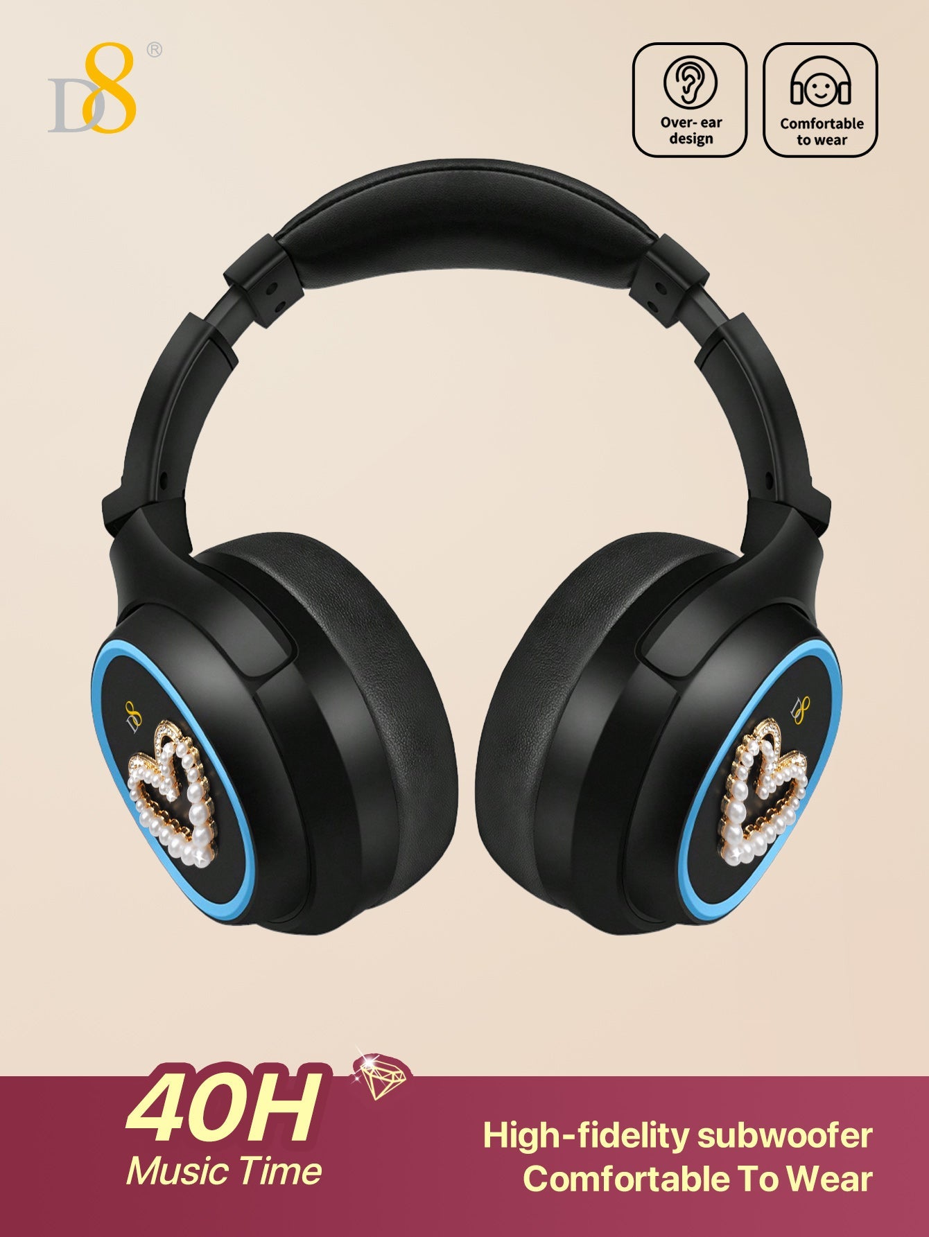 D8 Wireless Headphones Over-Ear, with Microphone, 3.5MM Wired Stereo Headset Micro SD/TF, PC,Soft Earmuffs &Light Weight for Prolonged Wearing,Deep Bass for Home Office Cellphone PC Ect. Holiday Gift Valentine's Day Gift Christmas Gifts,Must-Haves
