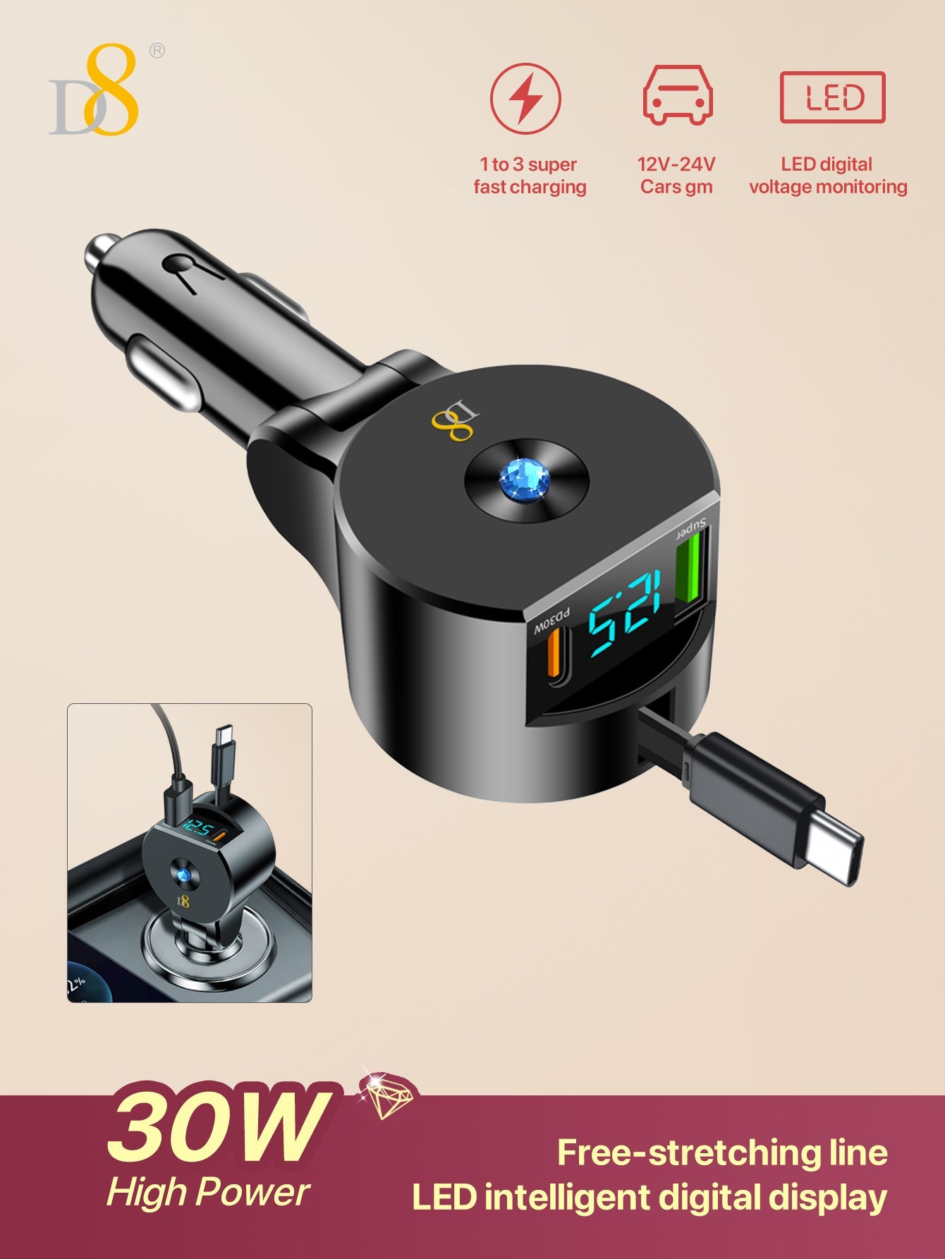 D8 New folding and retractable cable PD+QC3.0 car charging fast charging USB-C PD:30W, Gifts for Men Women Car Accessories, 3in 1 Travel Essentials Multi Charging, for iPhone 16/15/14/13 iPad MacBook S amsung S24/S23+ Multiple Chargers for All Devices