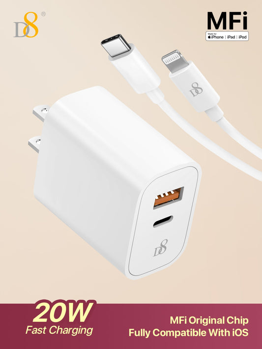 D8 TPE Type-C to Lghtning mfi Cable and 20W dual port fast charging wall charger set