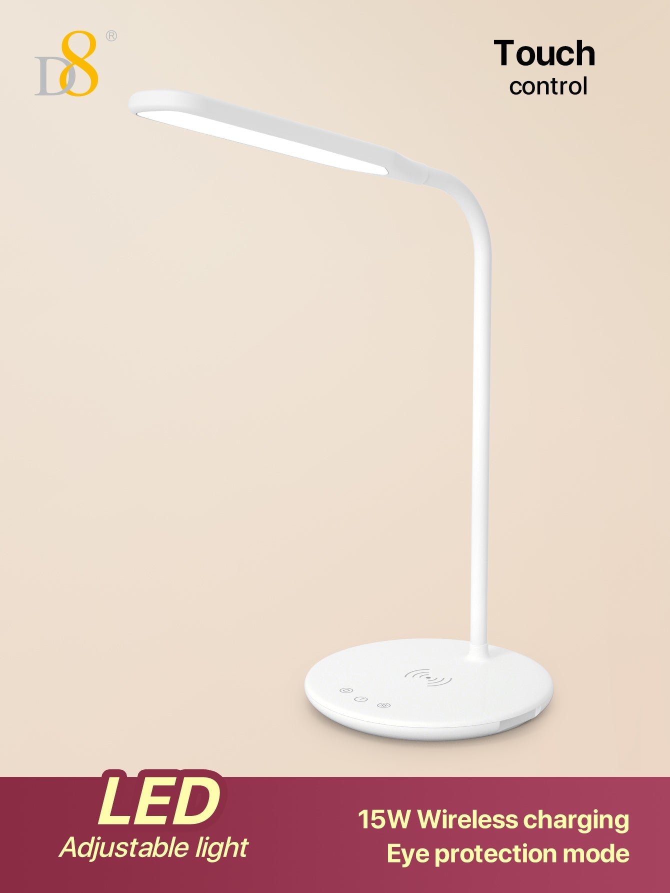Wireless Charging LED Desk Lamp - Touch Dimmable, 15W Output