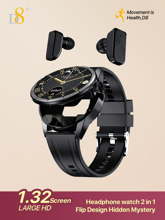 D8 2-in-1 Smartwatch with Earbuds, Fitness Tracker, 100+ Sports Modes, iOS/Android