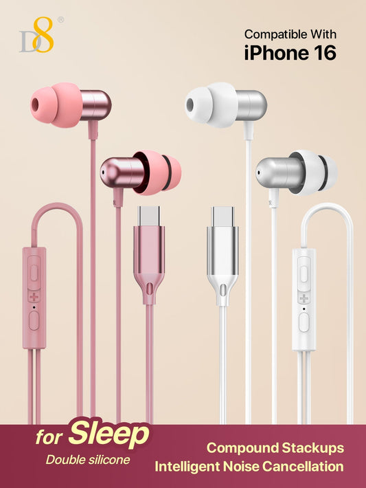 D8 USB-C Sleep Headphones, Wired Earbuds, Bass & Noise Isolation, iPhone/Android