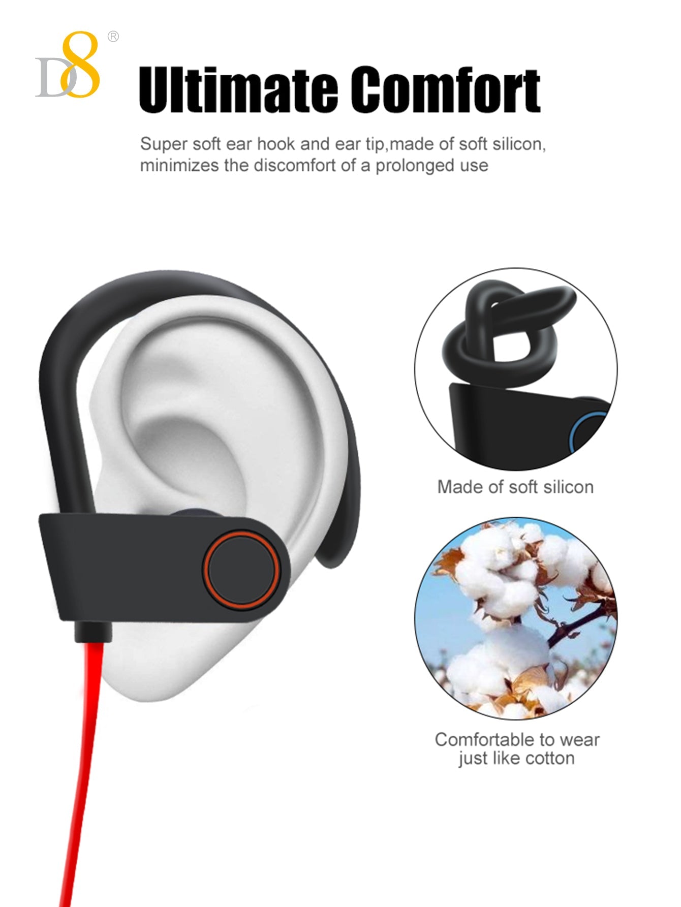 D8 Wireless Sports Earbuds, BT5.3, 10H Playtime, Deep Bass for Workouts