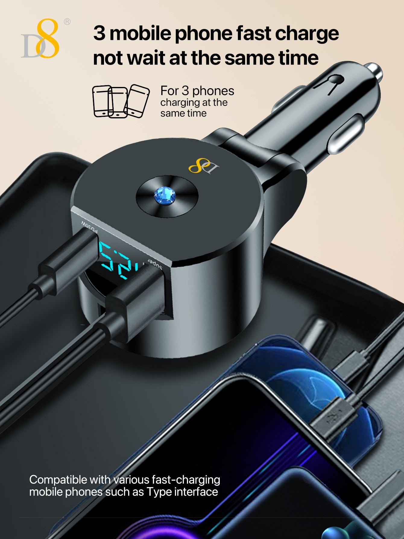 D8 New folding and retractable cable PD+QC3.0 car charging fast charging USB-C PD:30W, Gifts for Men Women Car Accessories, 3in 1 Travel Essentials Multi Charging, for iPhone 16/15/14/13 iPad MacBook S amsung S24/S23+ Multiple Chargers for All Devices
