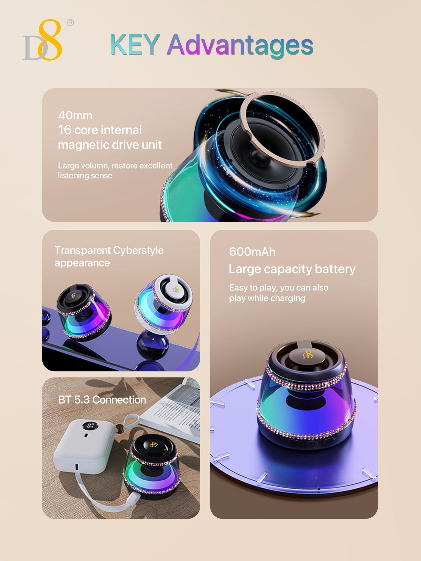 D8 Wireless Induction Magnetic Bluetooth Speaker, Portable Mini Bluetooth Loudspeaker with Bass Diaphragm, 5W Internal-Magnet, 10H Playtime, RGB Light, Including Magnetic Ring and Lanyard, Silicone folding air cabinInnovative folding airbag structure