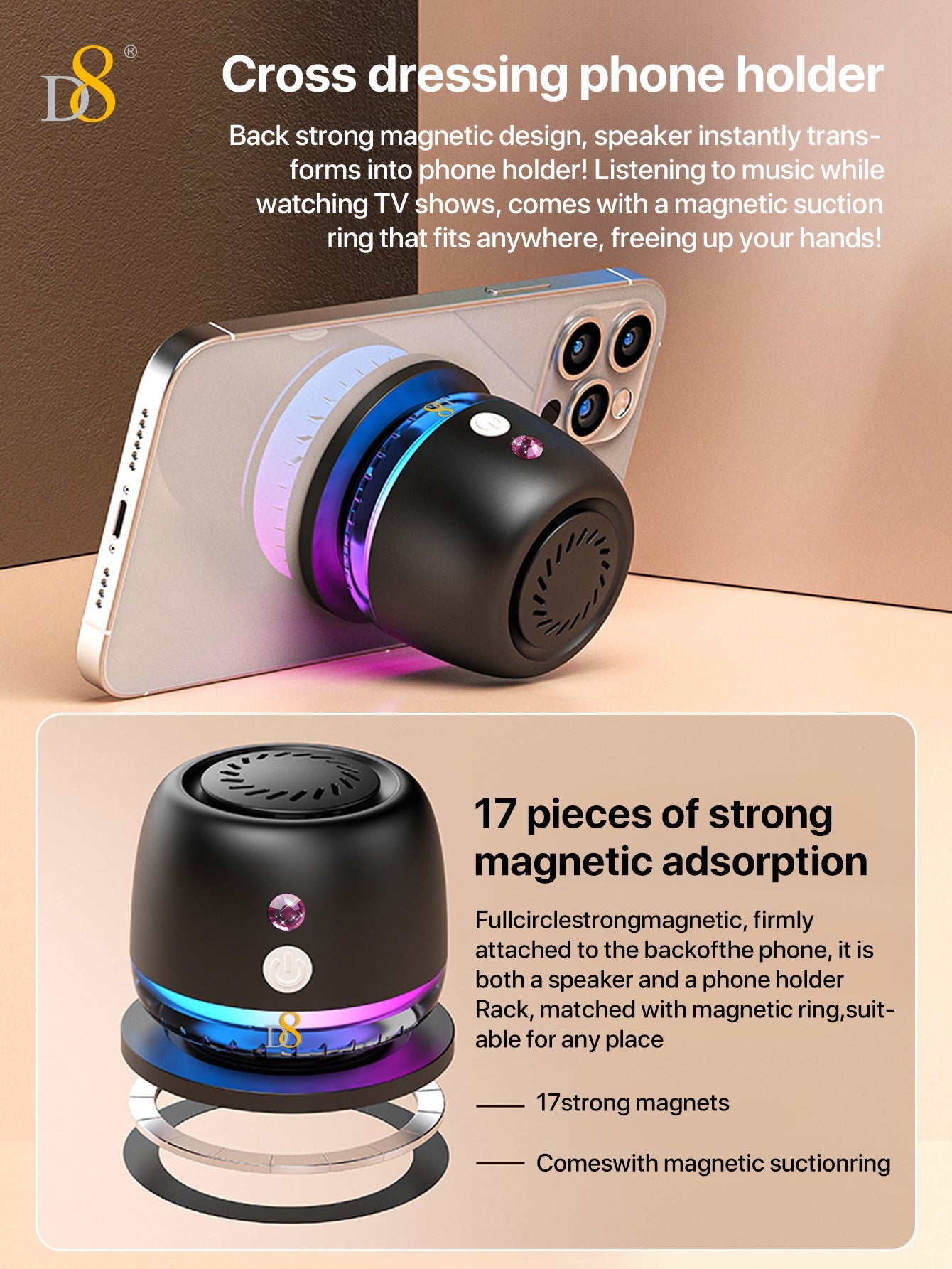 D8 Wireless Induction Magnetic Bluetooth Speaker, Portable Mini Bluetooth Loudspeaker with Bass Diaphragm, 5W Internal-Magnet, 10H Playtime, RGB Light, Including Magnetic Ring and Lanyard, Silicone folding air cabinInnovative folding airbag structure