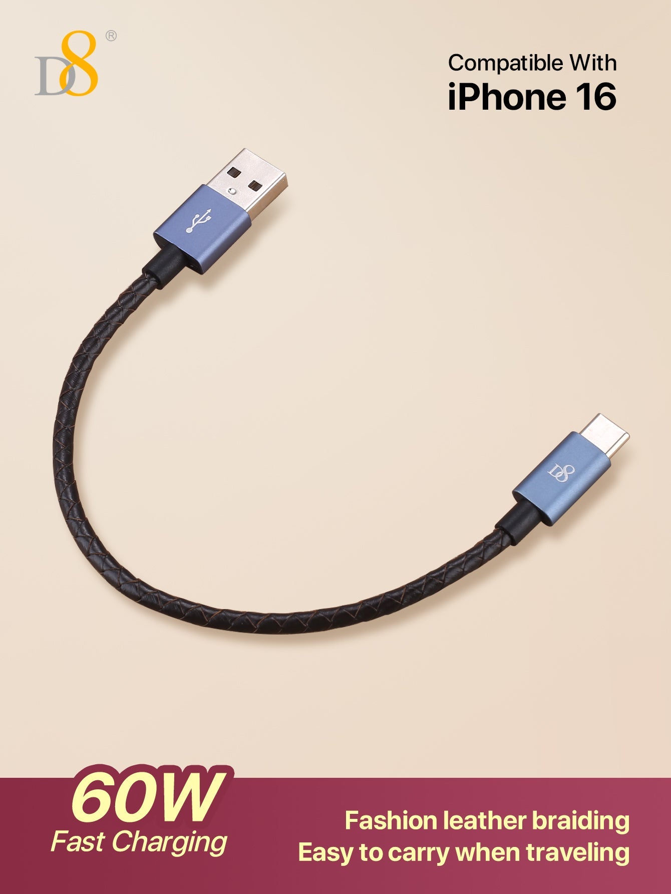 D8 Genuine Leather Short Type-C Charging Cable, (60W /0.2m )USB A To USB C Cable Compatible With I Phone16 / I Phone16 Pro / I Phone 16 Pro Max /15, Galaxy A10e A20 A50 A51 A71, S20 S10 S9 S8 Plus,Note 9 8,A11 A20 A51, G6 G7 V30 V35