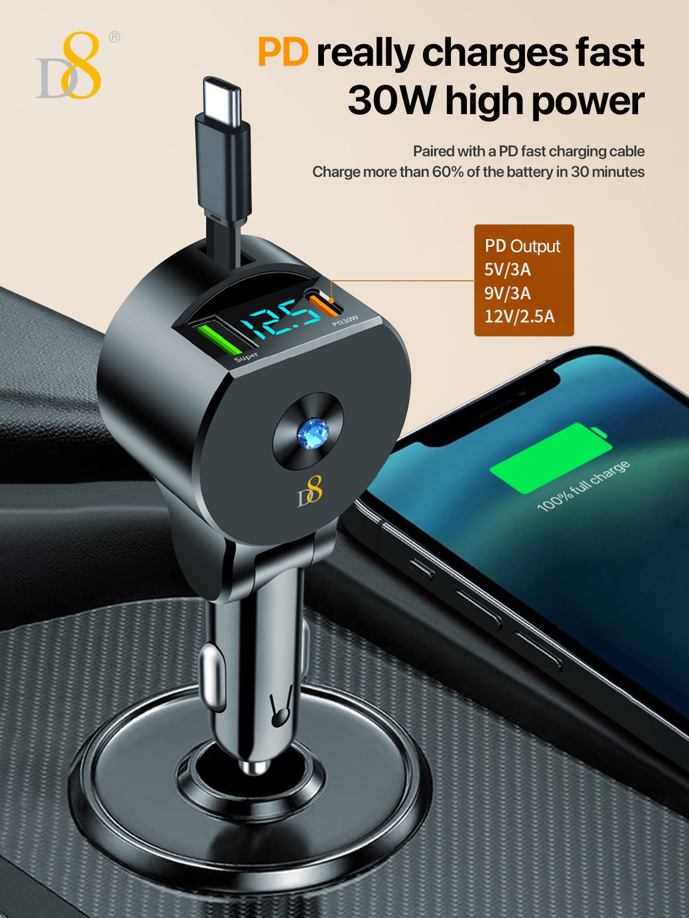 D8 New folding and retractable cable PD+QC3.0 car charging fast charging USB-C PD:30W, Gifts for Men Women Car Accessories, 3in 1 Travel Essentials Multi Charging, for iPhone 16/15/14/13 iPad MacBook S amsung S24/S23+ Multiple Chargers for All Devices