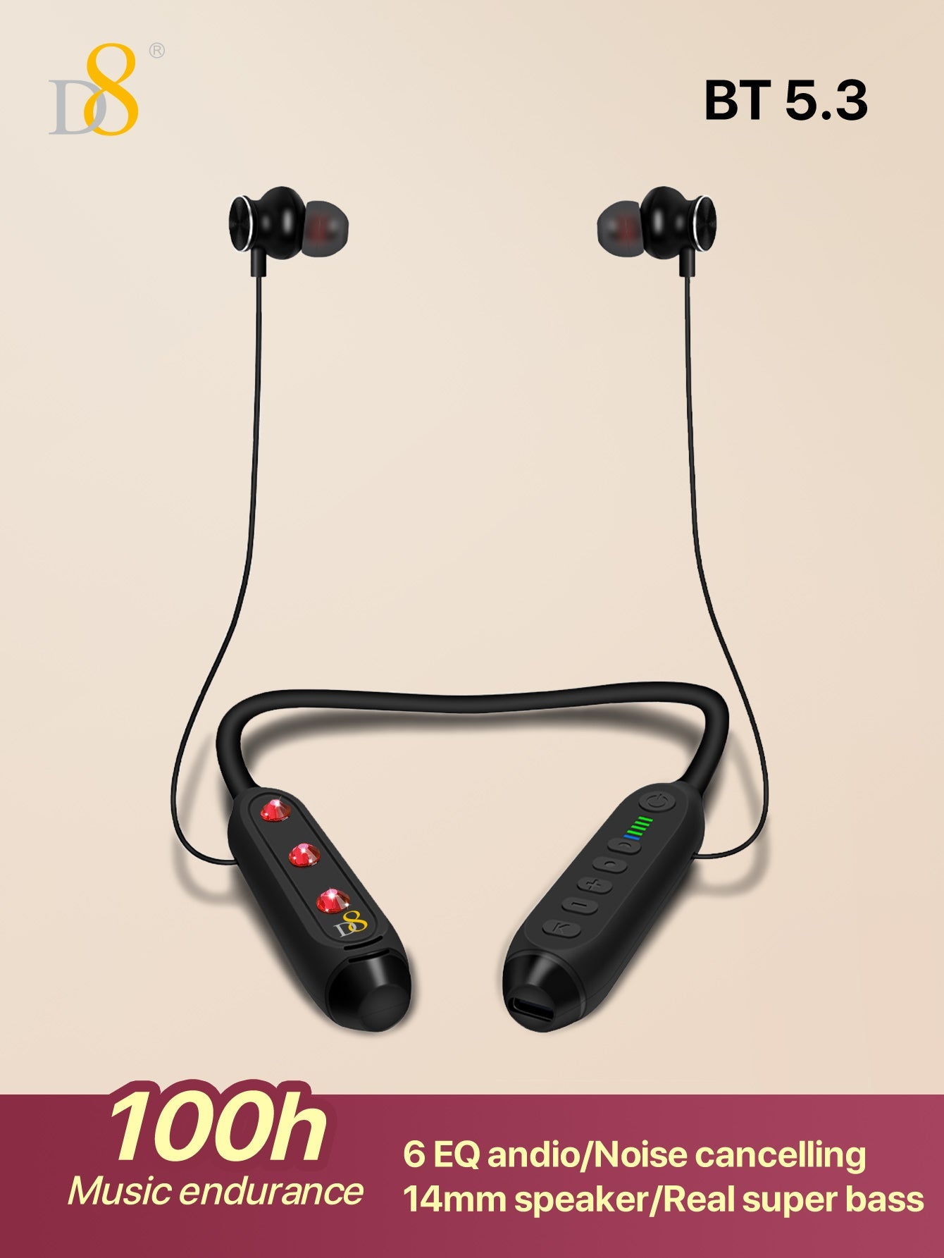 D8 Around The Neck Headphones ,100 Hours Extra Long Playback with Microphone Headset, Balanced Armature Drivers Stereo in Ear Wireless Headphones, Waterproof Workout Magnetic Neckband Earphone D8 Wireless Headphones Around Neck with Mic Long Battery Life