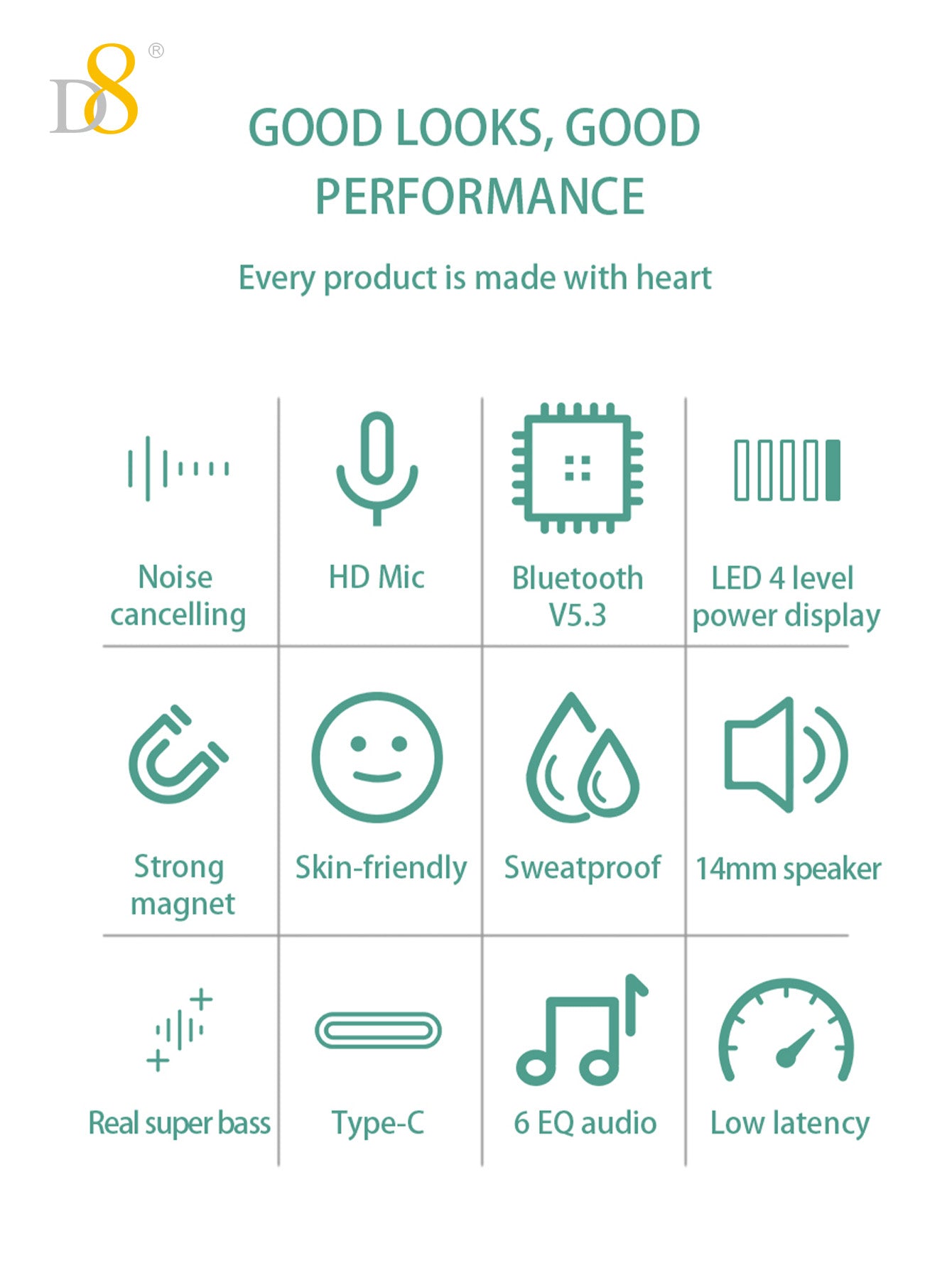 D8 Around The Neck Headphones ,100 Hours Extra Long Playback with Microphone Headset, Balanced Armature Drivers Stereo in Ear Wireless Headphones, Waterproof Workout Magnetic Neckband Earphone D8 Wireless Headphones Around Neck with Mic Long Battery Life