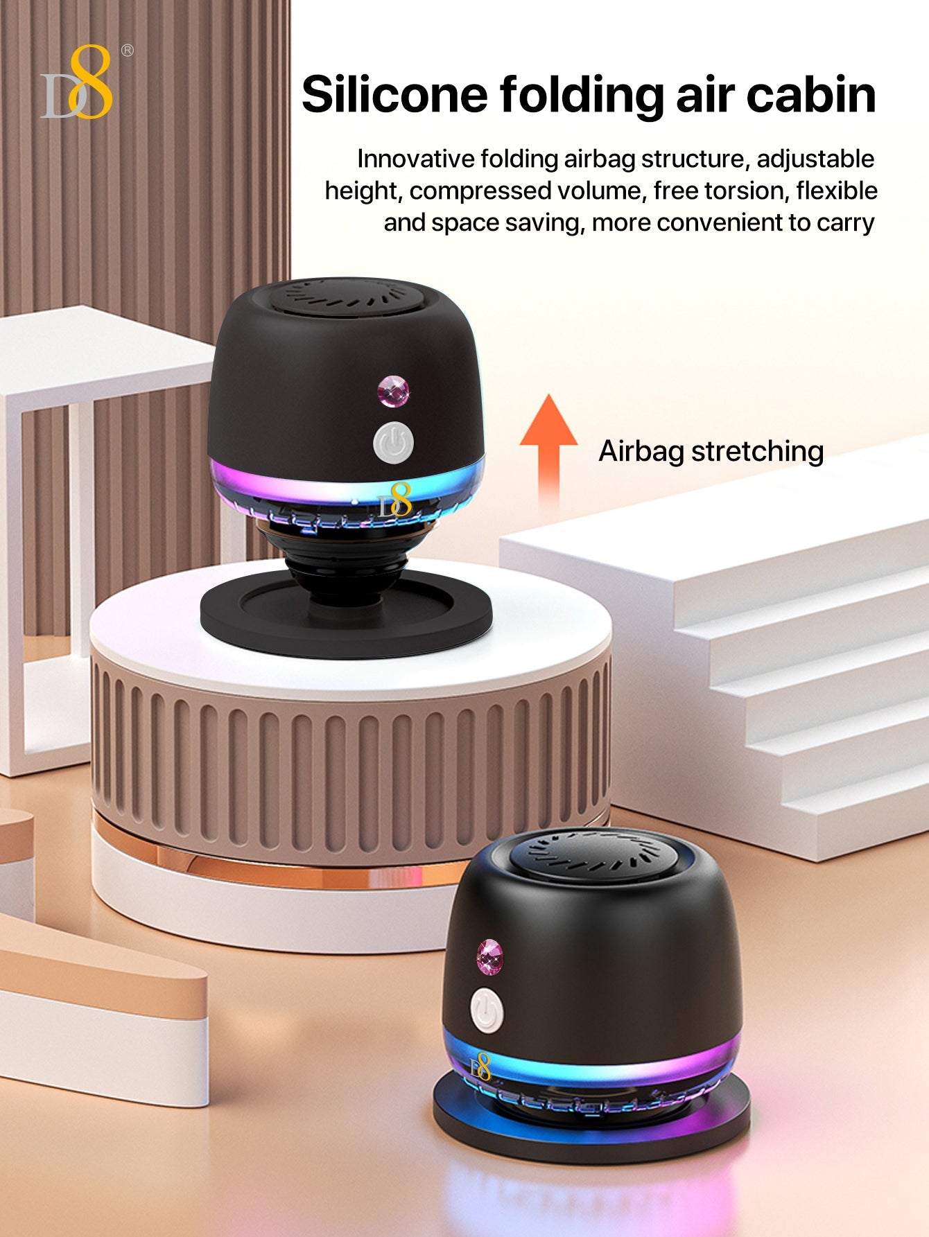 D8 Wireless Induction Magnetic Bluetooth Speaker, Portable Mini Bluetooth Loudspeaker with Bass Diaphragm, 5W Internal-Magnet, 10H Playtime, RGB Light, Including Magnetic Ring and Lanyard, Silicone folding air cabinInnovative folding airbag structure
