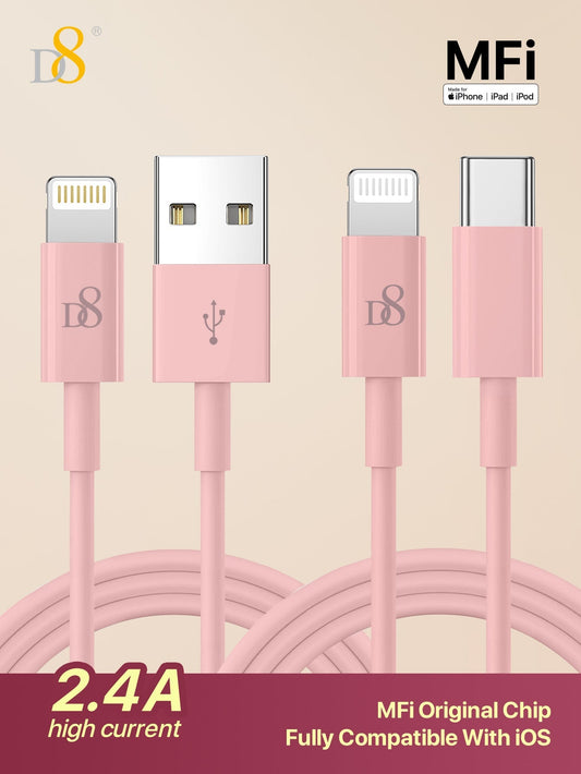D8 2-Pack USB-C & USB-A to Lightning Charger Cable, MFi Certified, 2.4A Fast Charging, 3.3FT