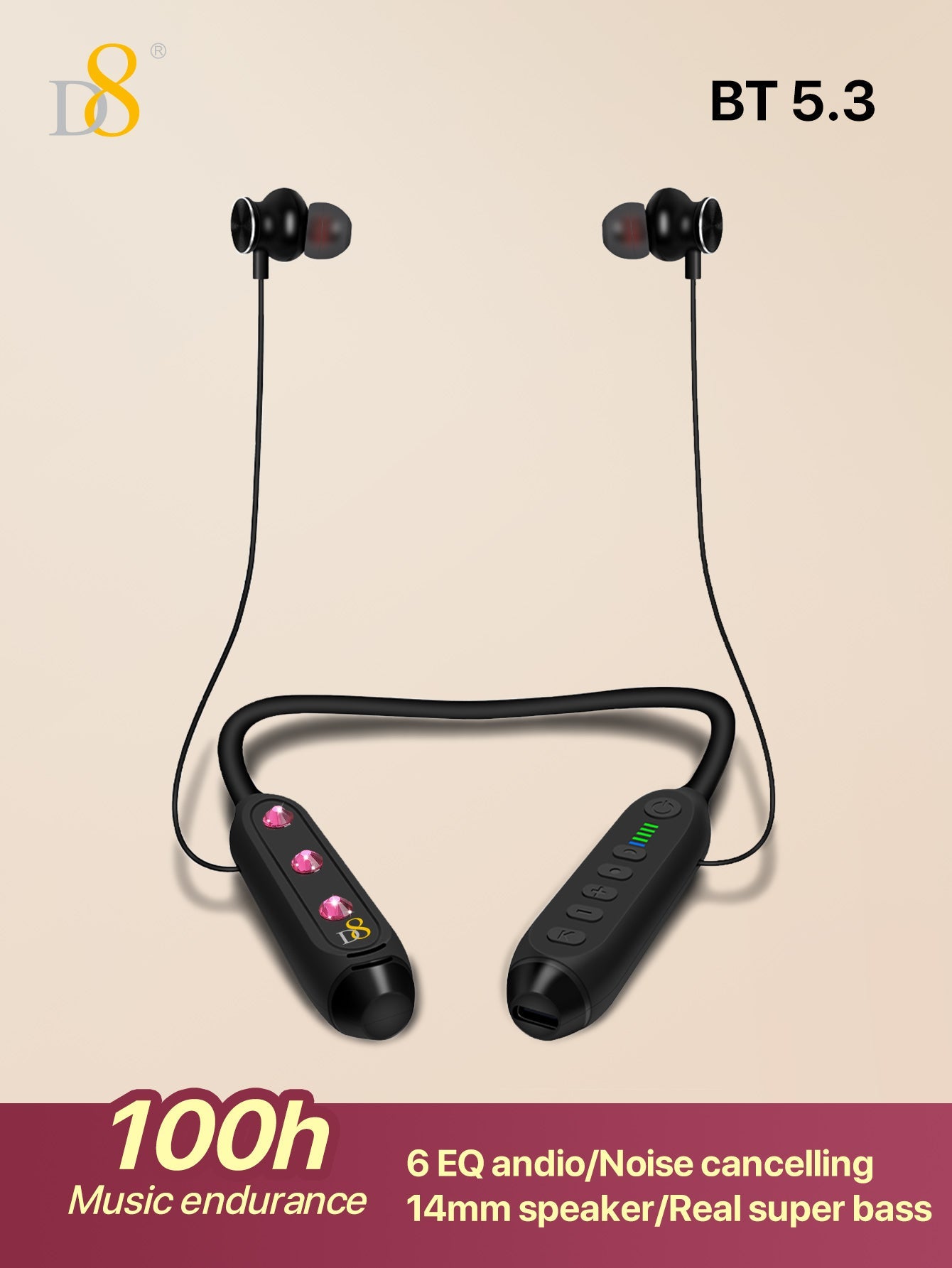 D8 Around The Neck Headphones ,100 Hours Extra Long Playback with Microphone Headset, Balanced Armature Drivers Stereo in Ear Wireless Headphones, Waterproof Workout Magnetic Neckband Earphone D8 Wireless Headphones Around Neck with Mic Long Battery Life
