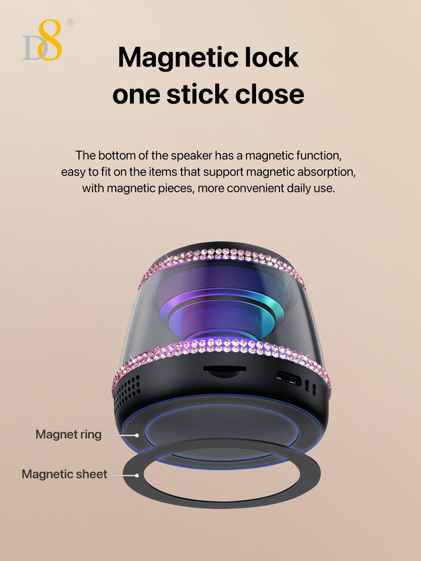 D8 Wireless Induction Magnetic Bluetooth Speaker, Portable Mini Bluetooth Loudspeaker with Bass Diaphragm, 5W Internal-Magnet, 10H Playtime, RGB Light, Including Magnetic Ring and Lanyard, Silicone folding air cabinInnovative folding airbag structure