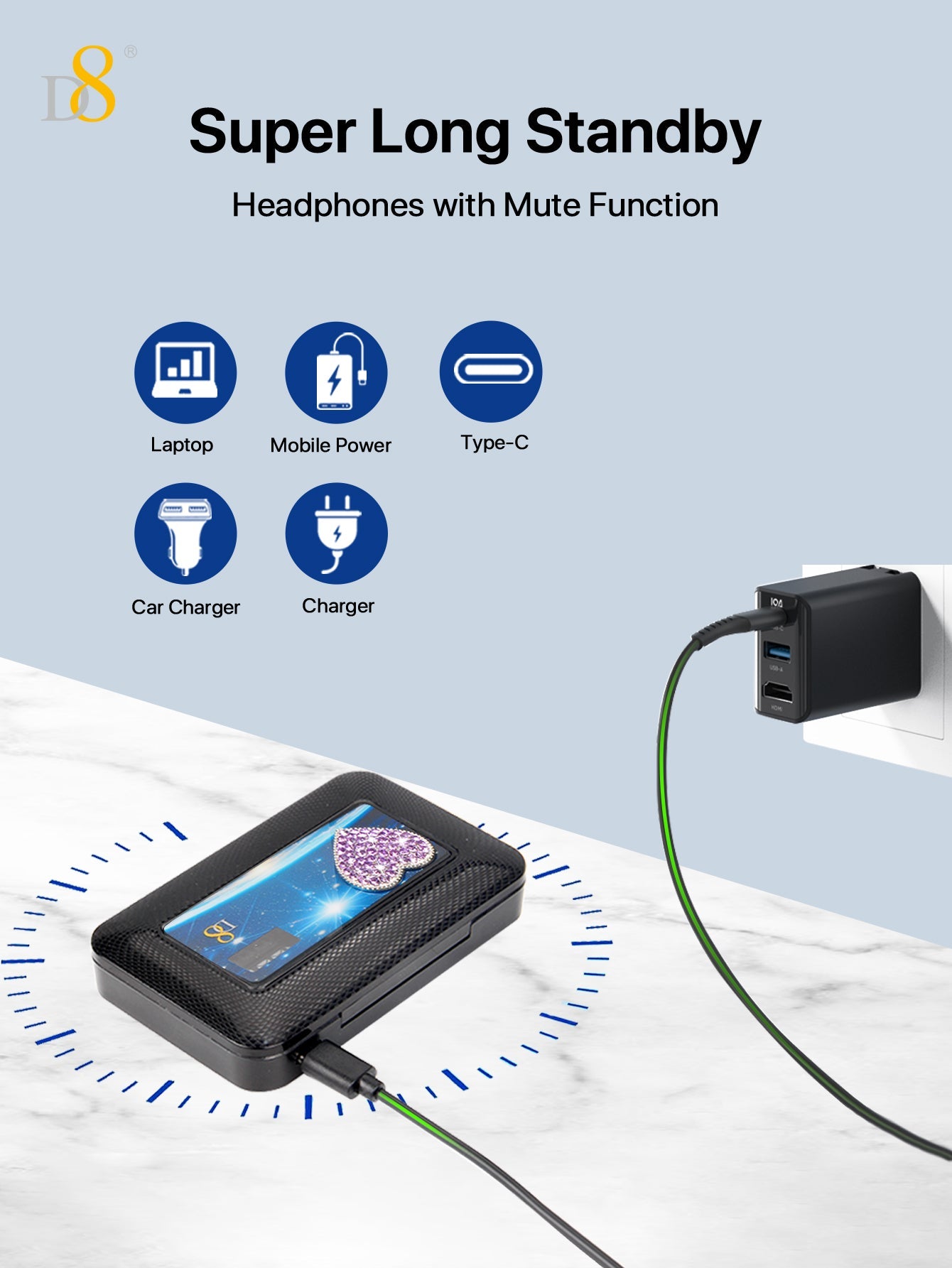 D8 Wireless Earbuds Headphones ,Massive Charge Reserve Battery Base ,300H Long standby,In charging compartment,talk time on full charge:80HOURS,Single headset fully charged,talking time in the state:6-8HOURS, with LED Display Over-Ear Buds with Earhooks