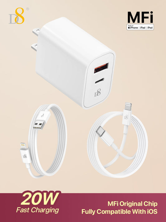 D8 MFi Lightning Cable 3-Pack, USB-C & USB-A, PD Fast Charge for iPhone/iPad