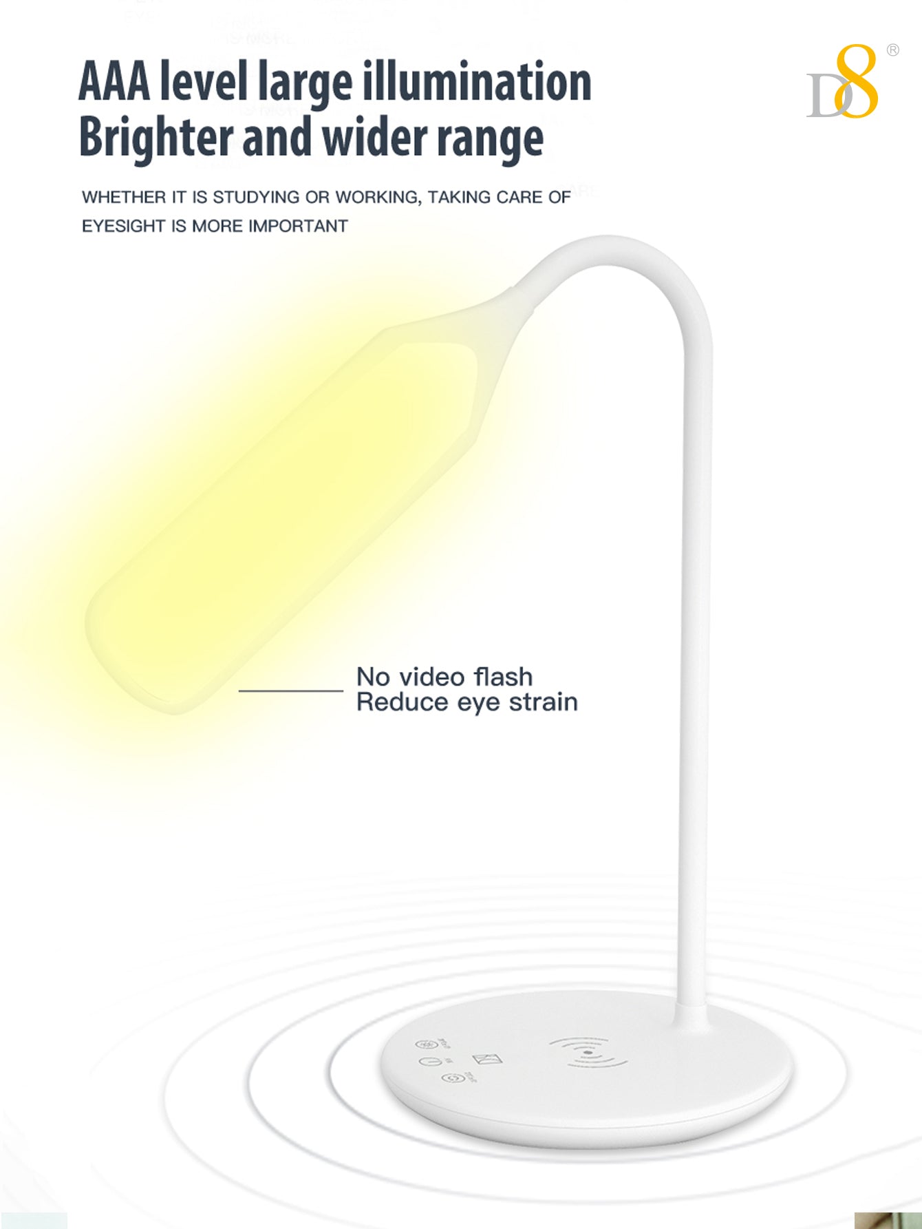 Wireless Charging LED Desk Lamp - Touch Dimmable, 15W Output