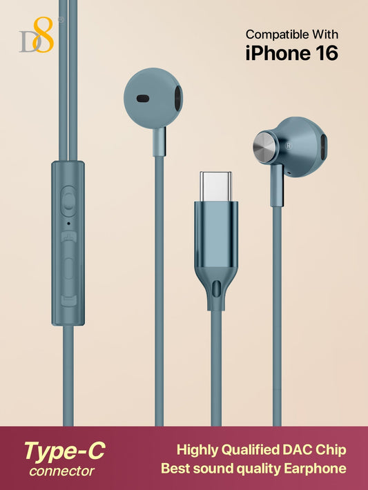 D8 USB-C In-Ear Earphones, Mic & Volume Control, for iPhone/Galaxy/iPad