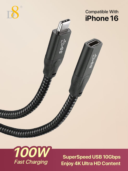 D8 USB 3.1 Type-C Male to Female Extension Cable – 10Gbps SuperSpeed, 4K HD Support, Compatible with iPhone 16 & iPad Pro