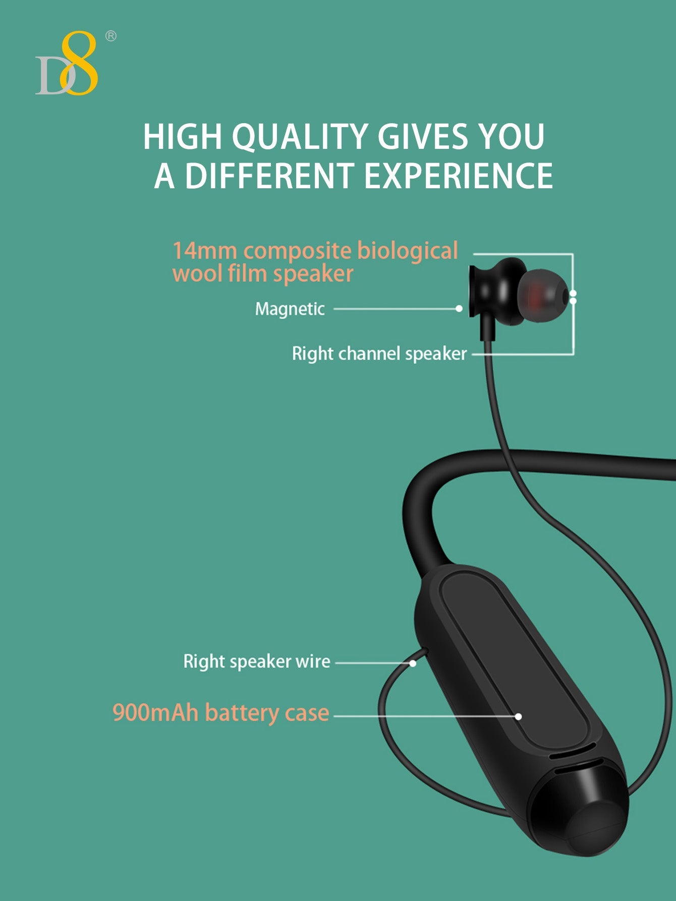 D8 Around The Neck Headphones ,100 Hours Extra Long Playback with Microphone Headset, Balanced Armature Drivers Stereo in Ear Wireless Headphones, Waterproof Workout Magnetic Neckband Earphone D8 Wireless Headphones Around Neck with Mic Long Battery Life