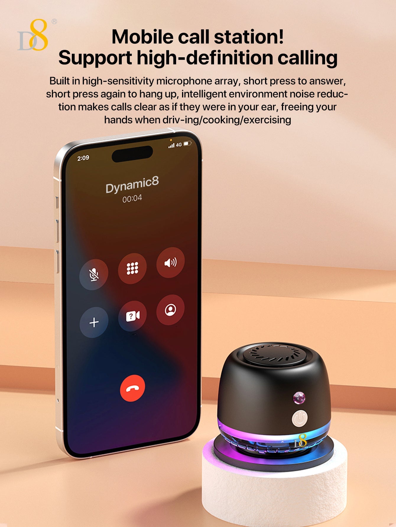 D8 Wireless Induction Magnetic Bluetooth Speaker, Portable Mini Bluetooth Loudspeaker with Bass Diaphragm, 5W Internal-Magnet, 10H Playtime, RGB Light, Including Magnetic Ring and Lanyard, Silicone folding air cabinInnovative folding airbag structure