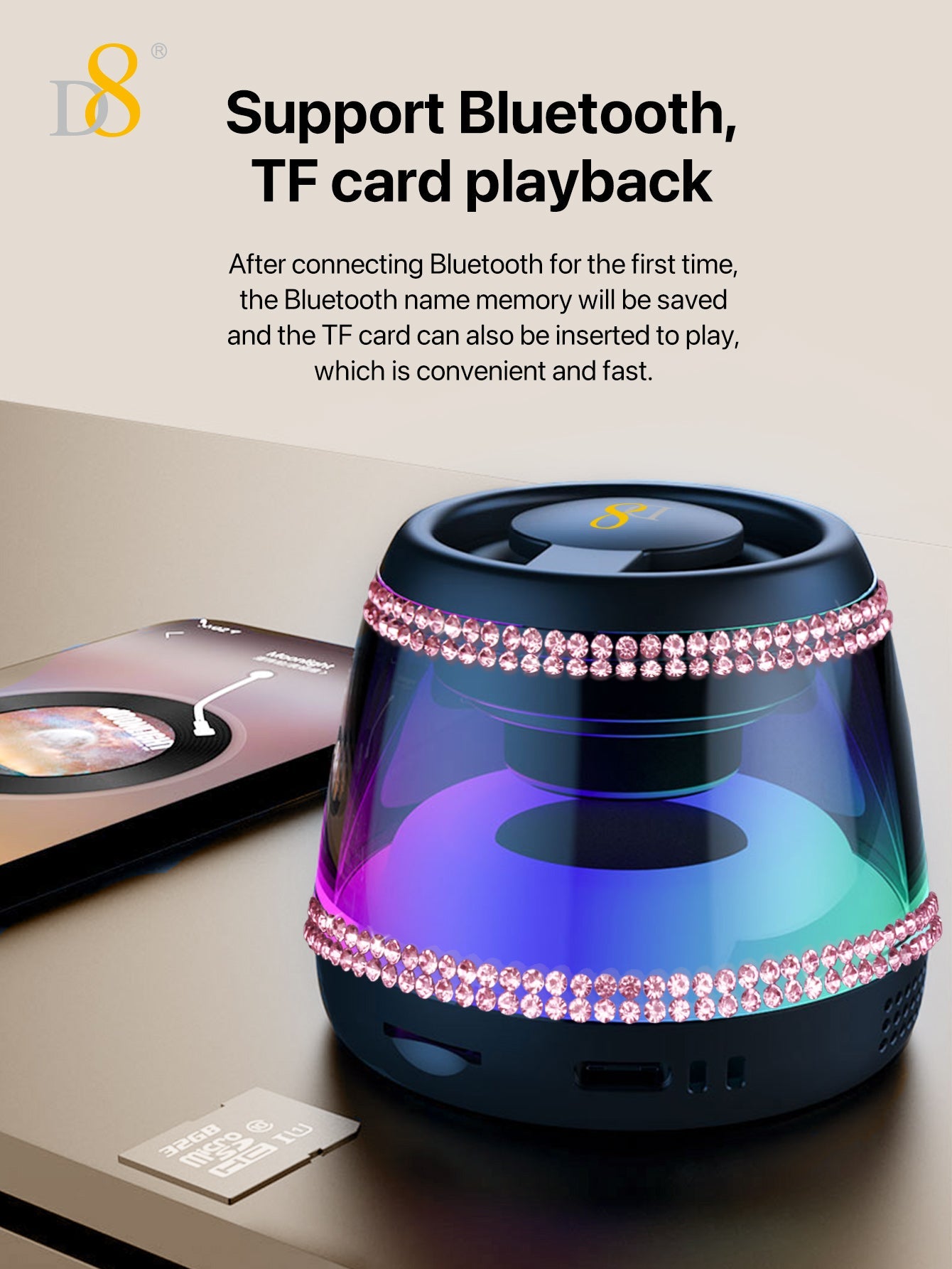 D8 Wireless Induction Magnetic Bluetooth Speaker, Portable Mini Bluetooth Loudspeaker with Bass Diaphragm, 5W Internal-Magnet, 10H Playtime, RGB Light, Including Magnetic Ring and Lanyard, Silicone folding air cabinInnovative folding airbag structure