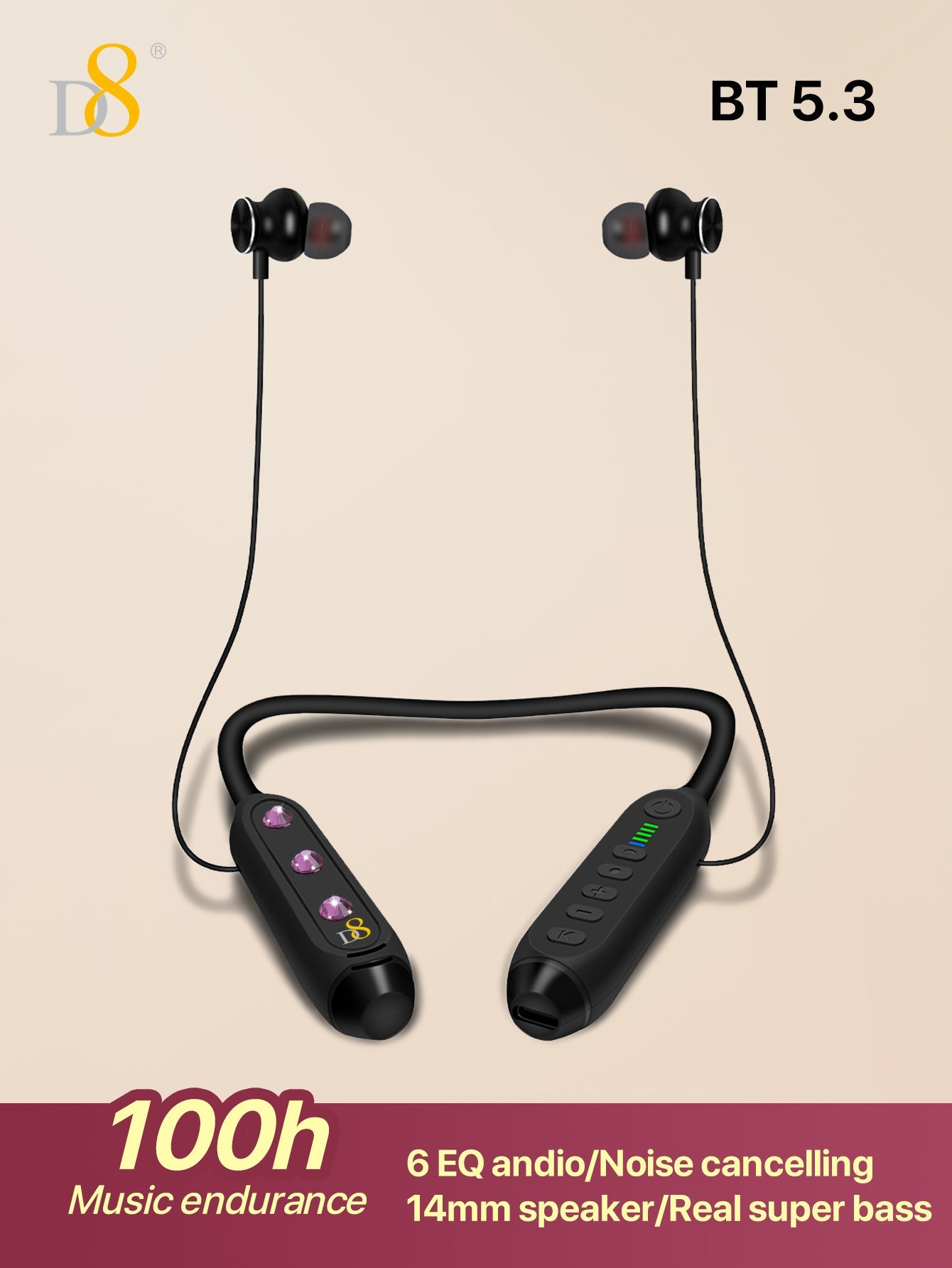 D8 Around The Neck Headphones ,100 Hours Extra Long Playback with Microphone Headset, Balanced Armature Drivers Stereo in Ear Wireless Headphones, Waterproof Workout Magnetic Neckband Earphone D8 Wireless Headphones Around Neck with Mic Long Battery Life