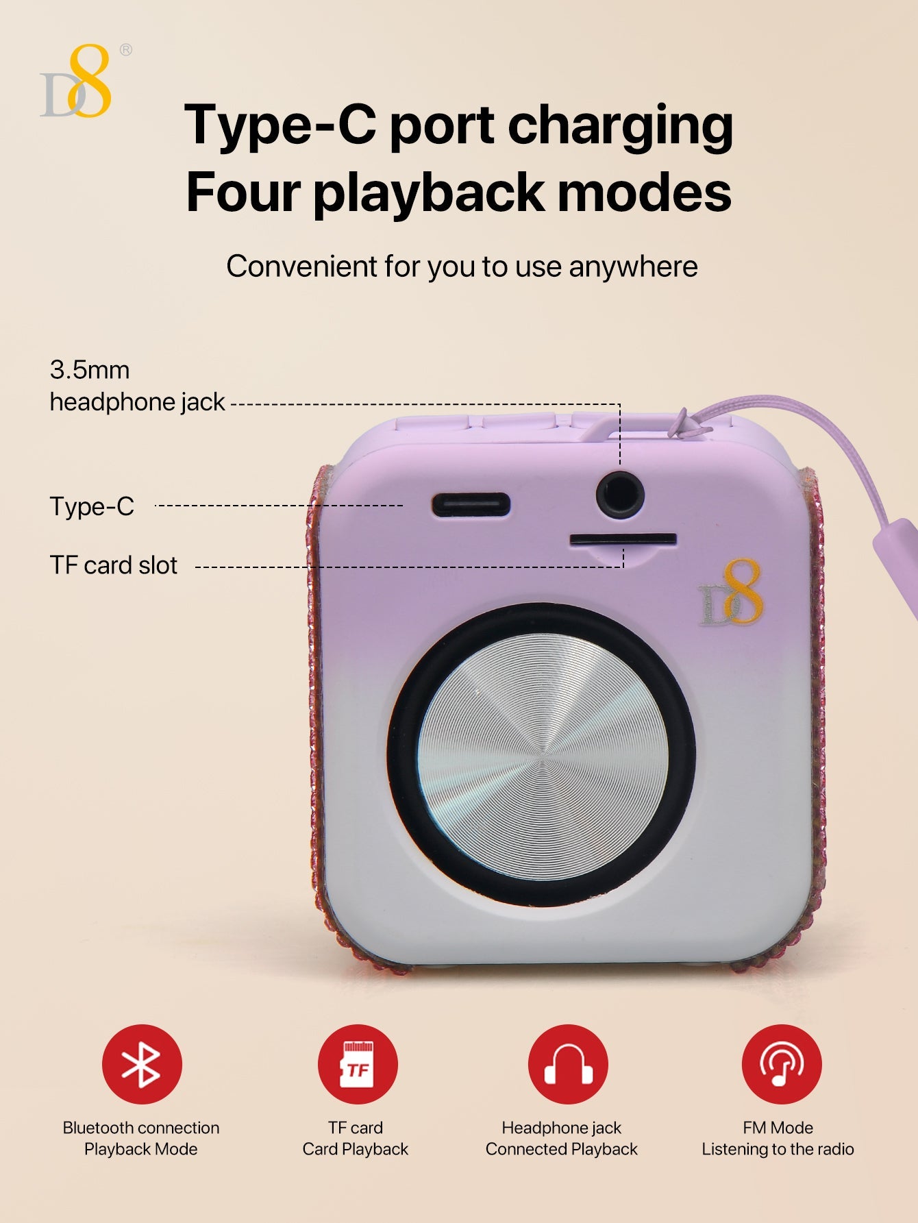 D8 Portable Bluetooth Speaker with , 10-Hour Playtime, Wireless Stereo Pairing, 5W Stereo Sound, Enhanced Bass, Built in Mic for Sports,Bluetooth 5, Electronics for Home, Outdoors, Travel or Home,Outdoors,Hiking, Camping,Birthday Gift