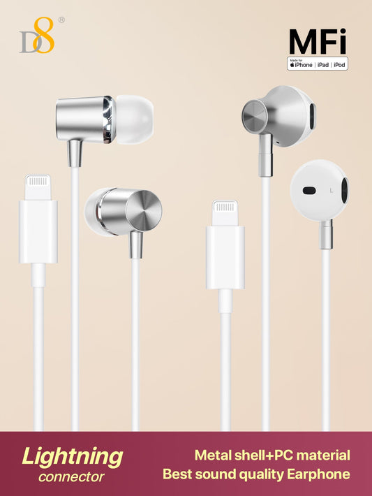 D8 MFi Certified Lightning Earbuds (2Pcs) with Mic Controller, Compatible with iPhone 14/13/12/11 Pro Max