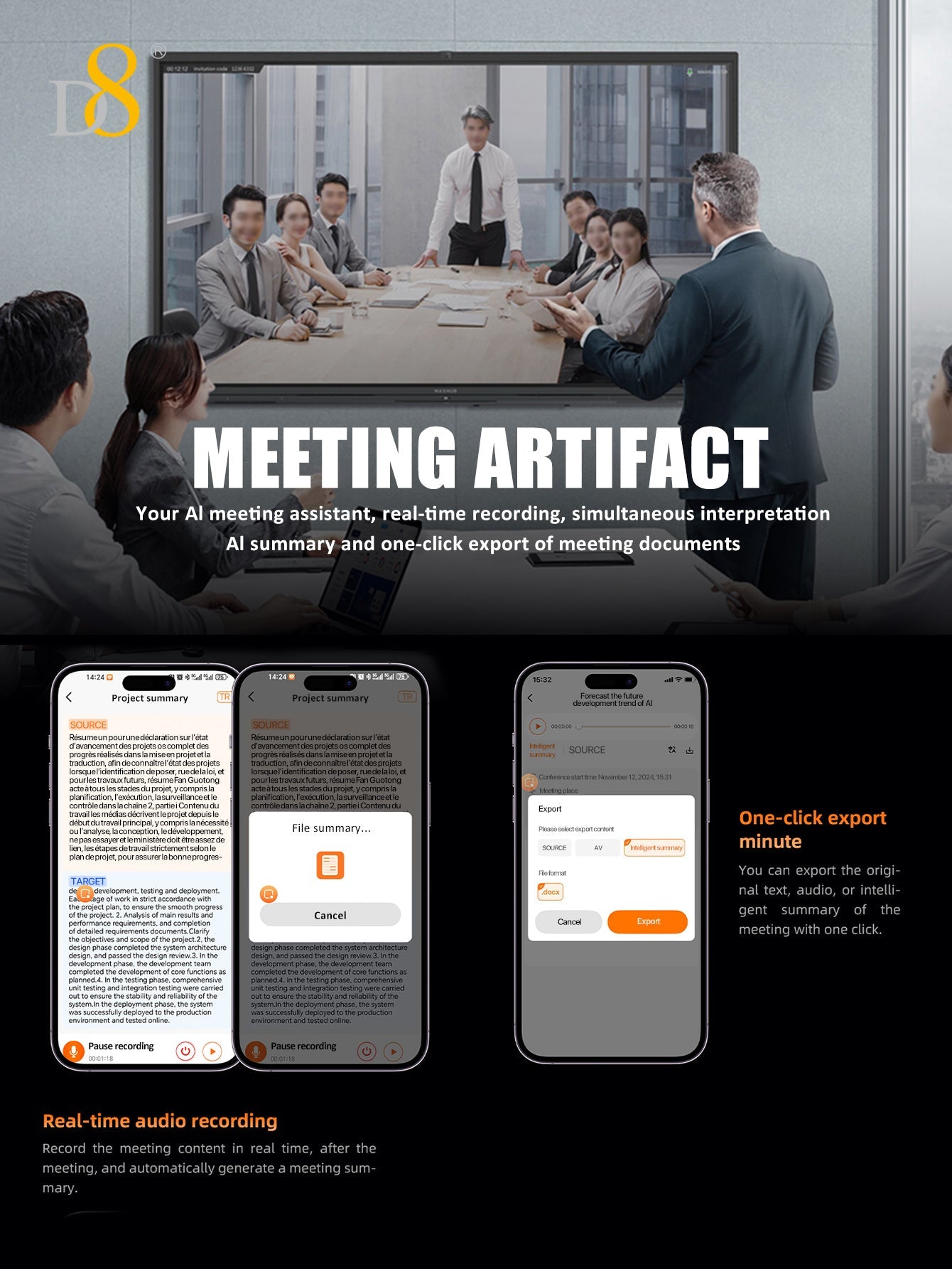 D8 AI Translator Recorder,Al Large Model |Conference Artifact | chat the World| Automatically recognize filled text Language Translator Device with APP Control, 50+ Languages Chat aroundtheworld and communicate worry-free ,NO FEE for Translate & Audio Tr