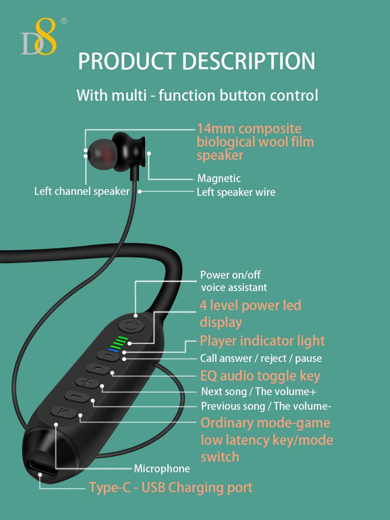 D8 Around The Neck Headphones ,100 Hours Extra Long Playback with Microphone Headset, Balanced Armature Drivers Stereo in Ear Wireless Headphones, Waterproof Workout Magnetic Neckband Earphone D8 Wireless Headphones Around Neck with Mic Long Battery Life