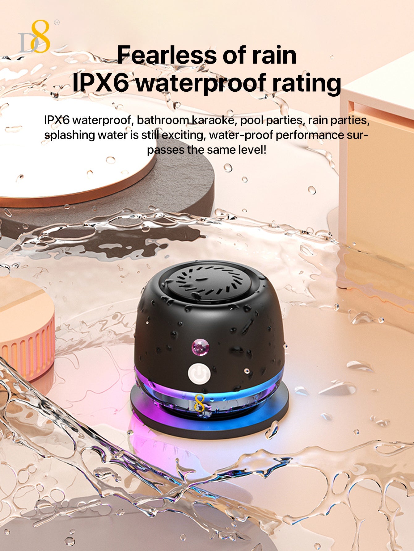 D8 Wireless Induction Magnetic Bluetooth Speaker, Portable Mini Bluetooth Loudspeaker with Bass Diaphragm, 5W Internal-Magnet, 10H Playtime, RGB Light, Including Magnetic Ring and Lanyard, Silicone folding air cabinInnovative folding airbag structure