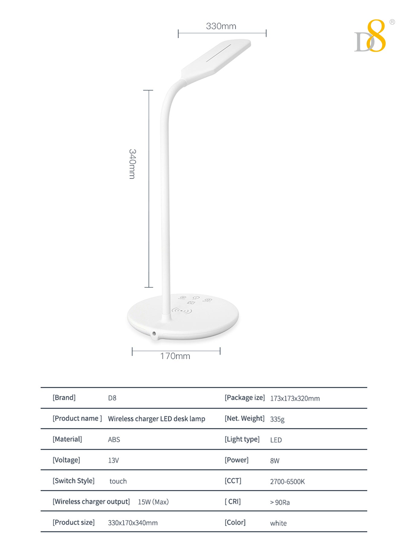 Wireless Charging LED Desk Lamp - Touch Dimmable, 15W Output