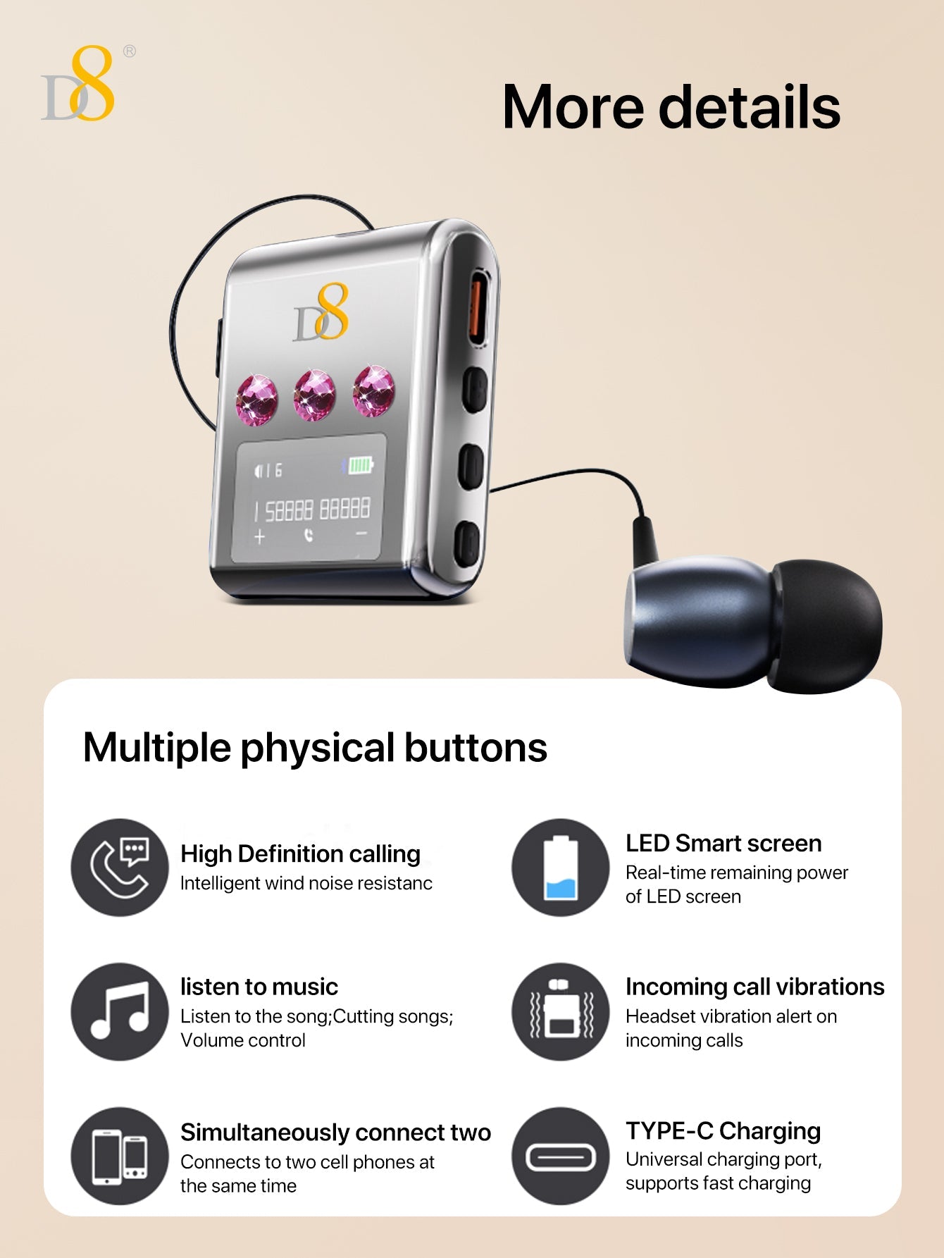 D8 Retractable Wireless Headset ,LED Display Over-Ear Buds,Headphone Stereo Earphone Noise Cancelling Mic Clip on Earpiece Comfortable HandsFree Headset 20Hrs Talking Time Sports Business Trucker Driver Earbud