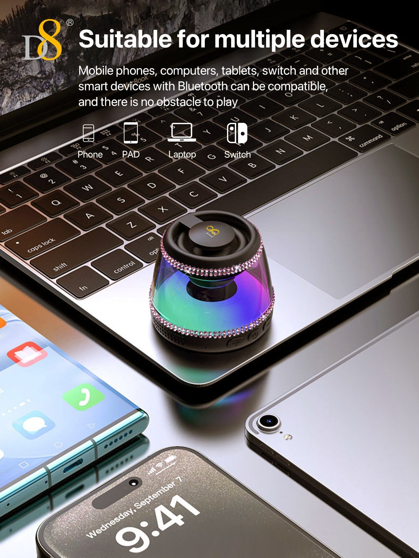 D8 Wireless Induction Magnetic Bluetooth Speaker, Portable Mini Bluetooth Loudspeaker with Bass Diaphragm, 5W Internal-Magnet, 10H Playtime, RGB Light, Including Magnetic Ring and Lanyard, Silicone folding air cabinInnovative folding airbag structure