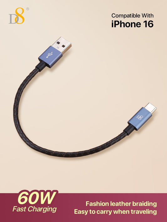 D8 Genuine Leather USB-C Cable, 60W/0.2m, USB-A to Type-C for iPhone/Galaxy