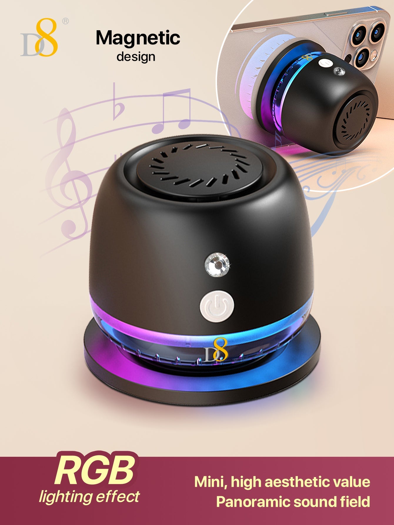 D8 Wireless Induction Magnetic Bluetooth Speaker, Portable Mini Bluetooth Loudspeaker with Bass Diaphragm, 5W Internal-Magnet, 10H Playtime, RGB Light, Including Magnetic Ring and Lanyard, Silicone folding air cabinInnovative folding airbag structure