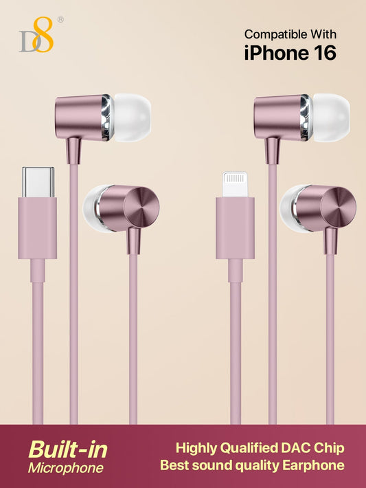 D8 2Pcs MFi Lightning & Type-C In-Ear Headphones with Mic, Compatible with iPhone & Android