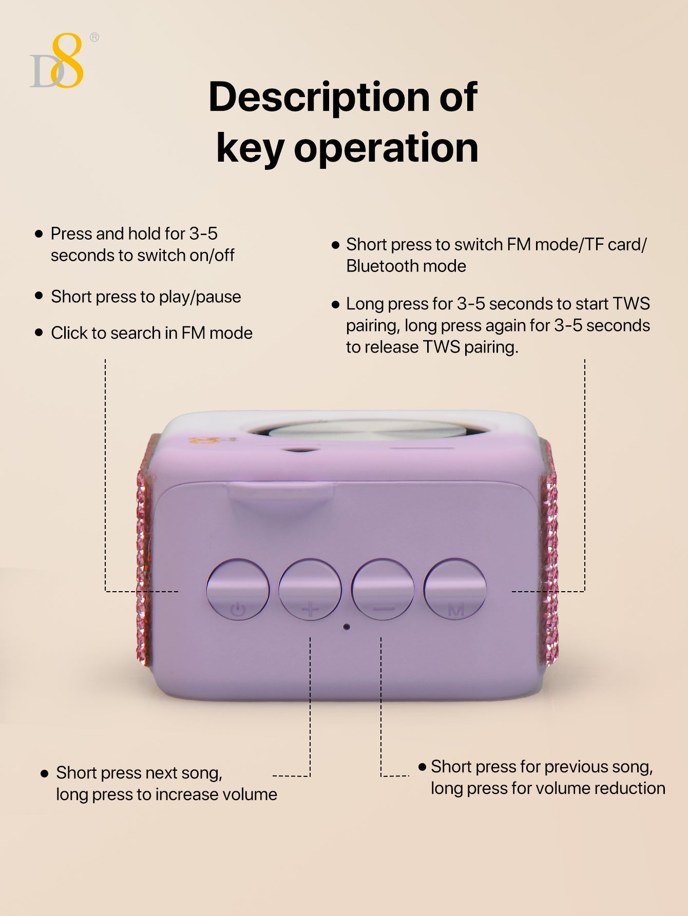 D8 Portable Bluetooth Speaker with , 10-Hour Playtime, Wireless Stereo Pairing, 5W Stereo Sound, Enhanced Bass, Built in Mic for Sports,Bluetooth 5, Electronics for Home, Outdoors, Travel or Home,Outdoors,Hiking, Camping,Birthday Gift