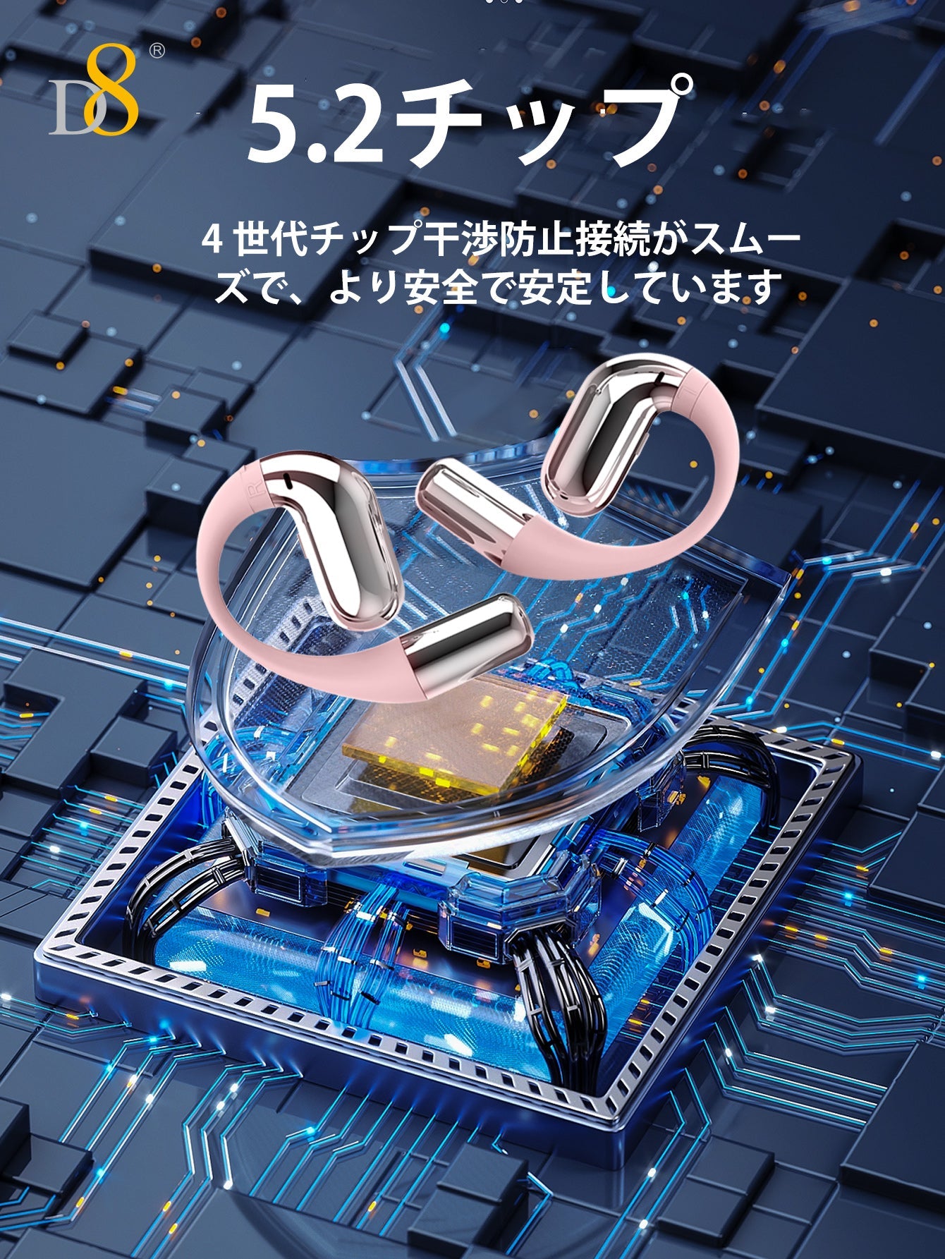 D8 Open-Ear Headphones Over Ear Buds , 5.2 Stereo Earbuds with Bass Boost, 7Hrs Sports Earphones with Earhooks, IPX5 Waterproof Headsets for Workouts, Stable Comfort,Sound and picture synchronization Game without delay,90days Standby time,for Workout