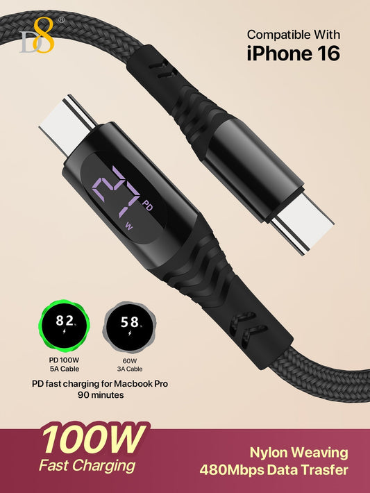 D8 1.2M Nylon USB-C Cable, 100W/5A Fast Charge with LED for iPhone/Galaxy