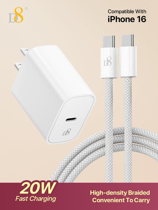 D8 20W USB C Fast Charger, PD Power Wall Charger, USB C to USB C Cable for iPhone 15, iPad