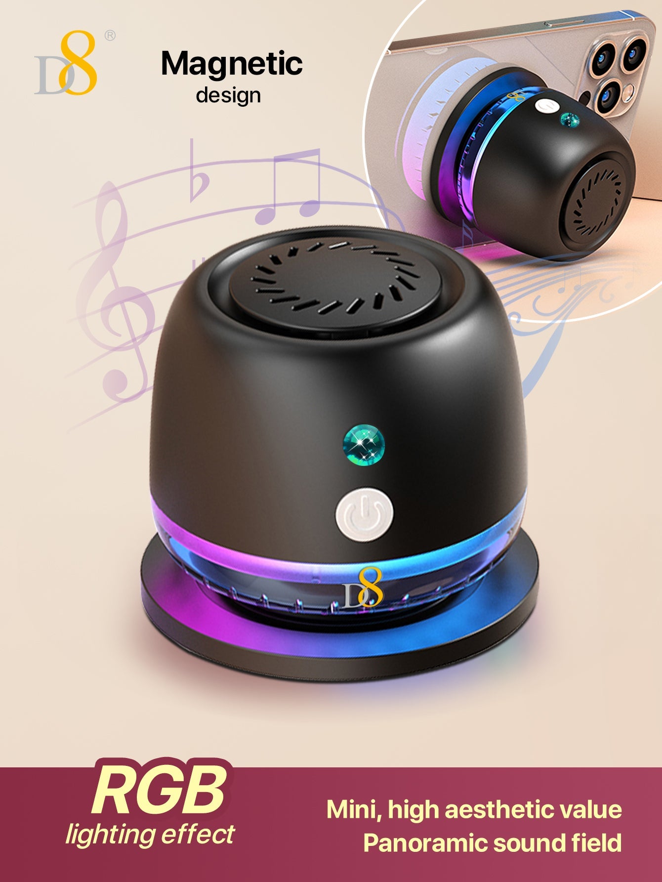 D8 Wireless Induction Magnetic Bluetooth Speaker, Portable Mini Bluetooth Loudspeaker with Bass Diaphragm, 5W Internal-Magnet, 10H Playtime, RGB Light, Including Magnetic Ring and Lanyard, Silicone folding air cabinInnovative folding airbag structure
