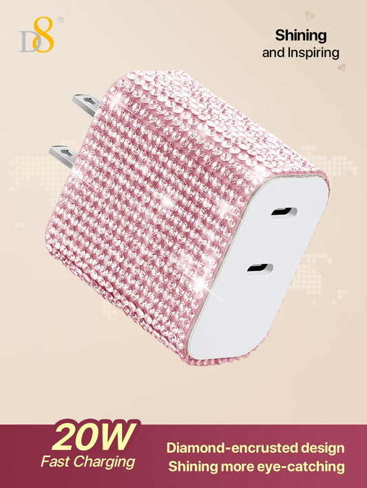 D8 20W USB-C Wall Charger, Dual Port PD Fast Charge, Crystal Design, iPhone/Galaxy