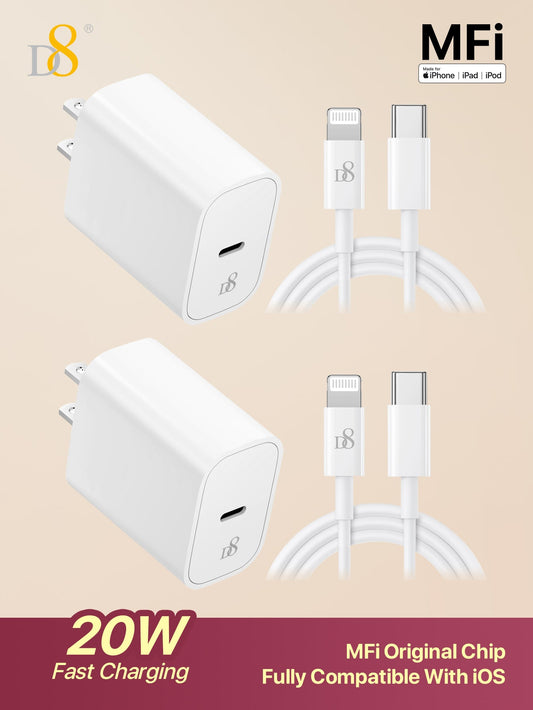 D8 20W PD USB-C Wall Charger 2-Pack with 3.3FT Fast Charging Cable, MFi Certified