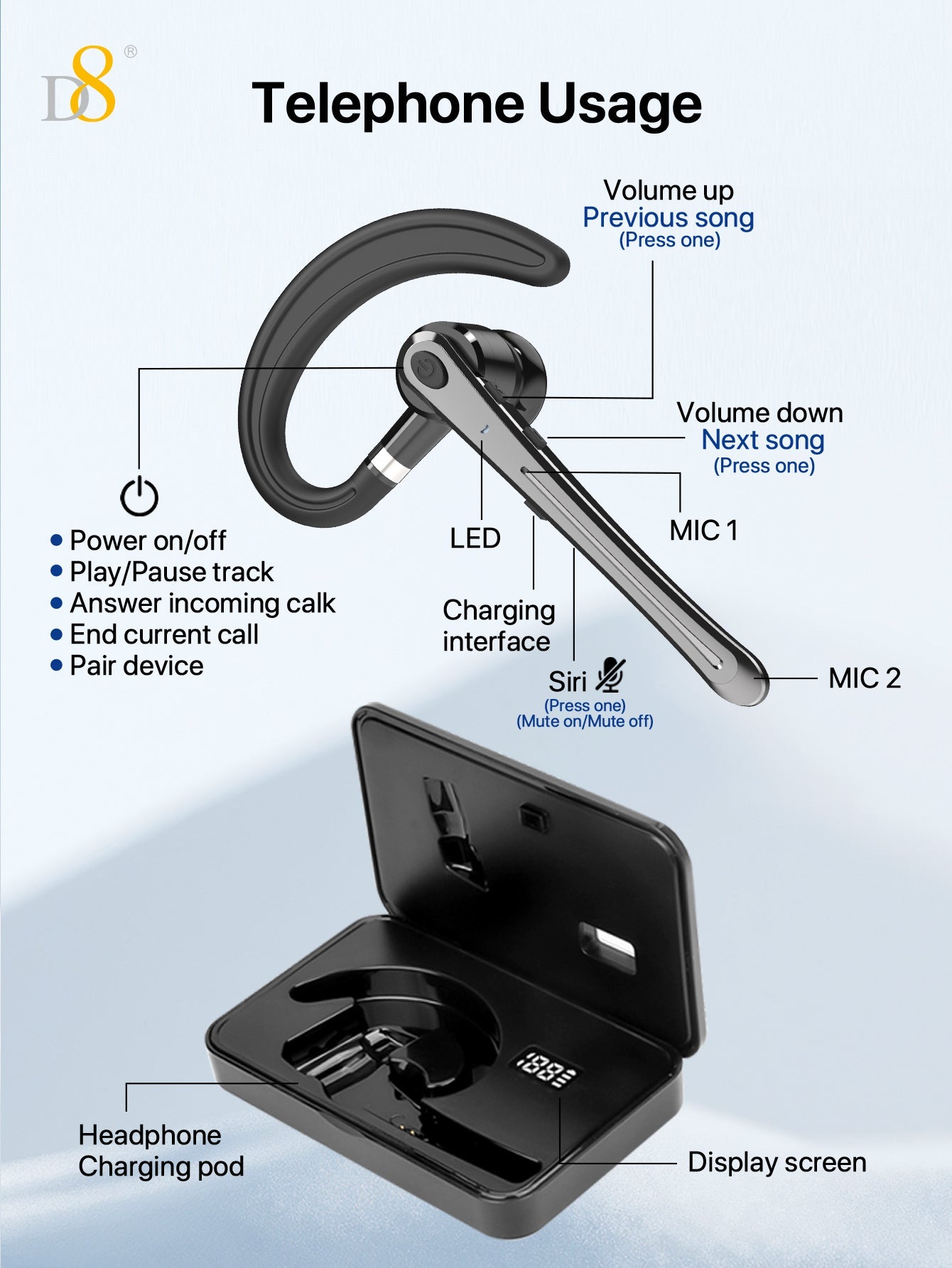 D8 Wireless Earbuds Headphones ,Massive Charge Reserve Battery Base ,300H Long standby,In charging compartment,talk time on full charge:80HOURS,Single headset fully charged,talking time in the state:6-8HOURS, with LED Display Over-Ear Buds with Earhooks